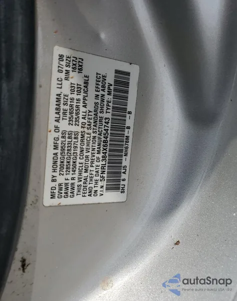 2006 Honda Odyssey Ex from USA, damaged, VIN 5FNRL384X6B454743